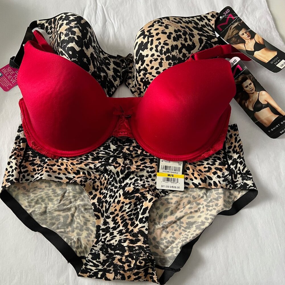 2 Maidenform Tee shirt bras and one panty ~ 34D ~Medium~RED~Animal print